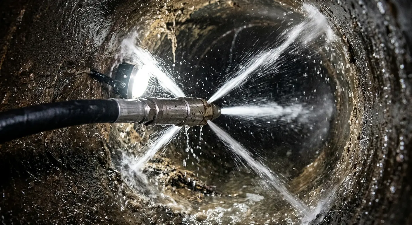High-pressure hydro jetting nozzle cleaning sewer pipe for Trenchless Sewer Repair in Ellisville
