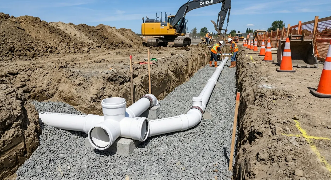 New PVC sewer pipe installation in open trench for Grease Trap Cleaning in Ellisville