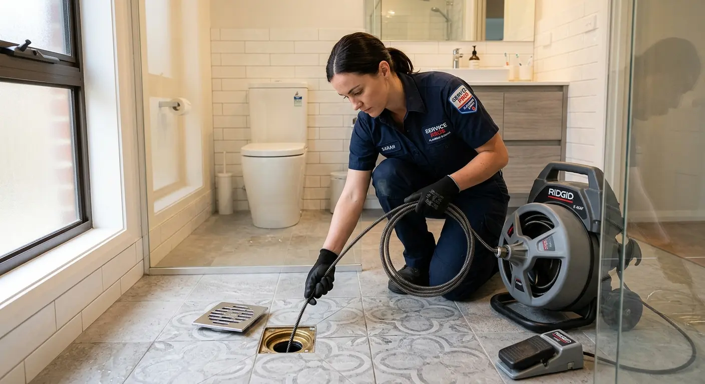 Technician clearing a bathroom floor drain for Drain Repair in Ellisville